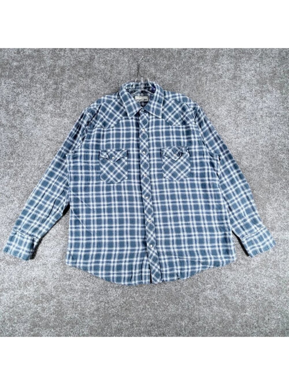 Vintage Wrangler‎ Western Shirt Mens XL Blue White Plaid Classic Work Pearl Snap